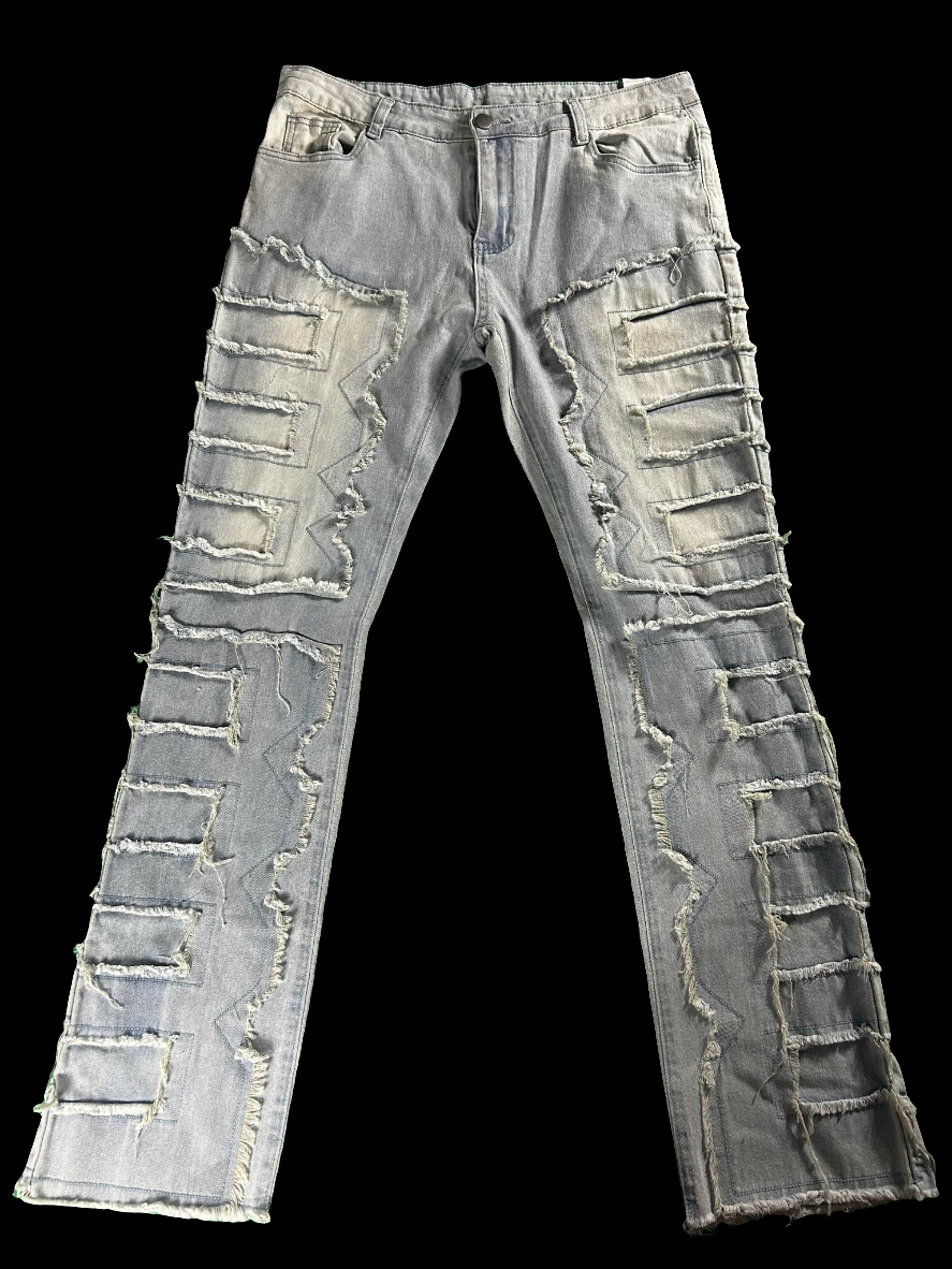 (Blue) Mens Blue Stacked Jeans Slim Fit Ripped Jeans Destroyed Straight Denim Pants Harajuku Hip Hop Trouser Streetwear