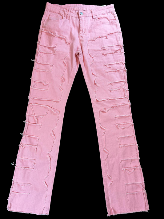 (Pink) Ytfsrukp Mens Black Stacked Jeans Slim Fit Ripped Jeans Destroyed Straight Denim Pants Harajuku Hip Hop Trouser Streetwear