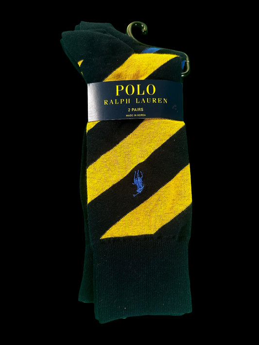 Polo Ralph Lauren Mens Rugby Blue Yellow Diagonal Stripe Crew Dress Socks 2 PAIR